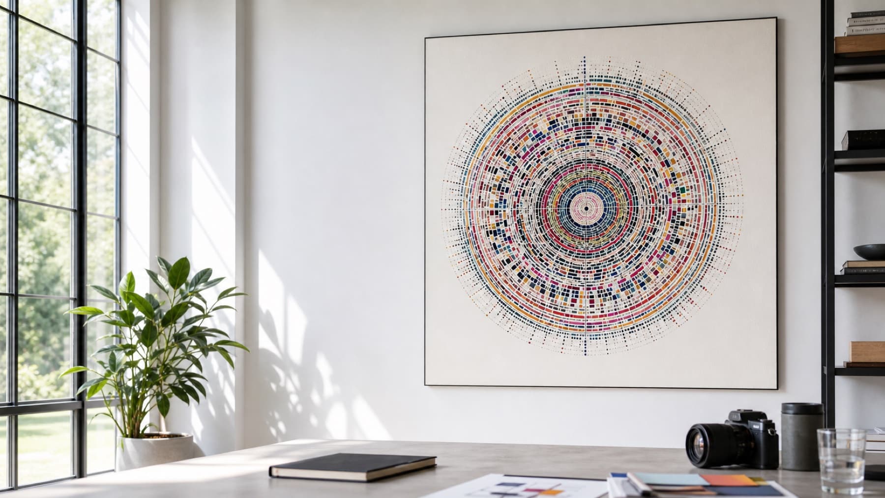 A colorful Stills Artifact displayed in a bright founder studio
