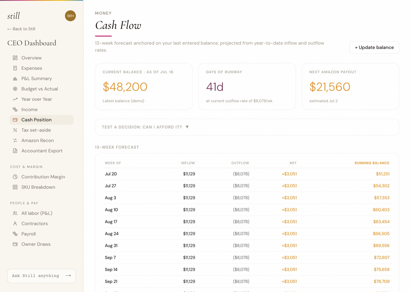 Cash runway + tax set-aside, demo data